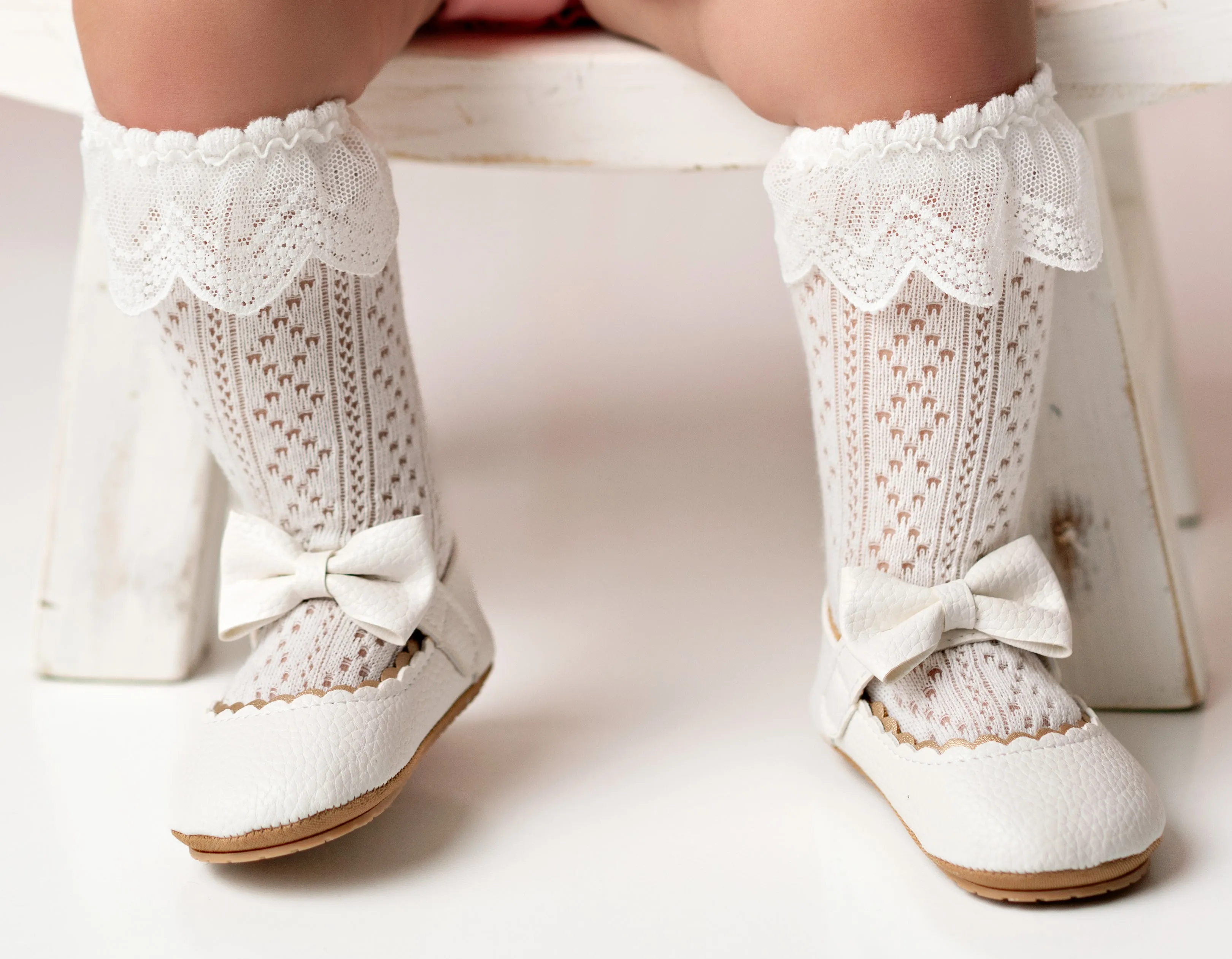 $7.50 EA - 0-12M X 1, 12-36M X 3 - Baby & Toddler Lace Looking Knee High Socks - White