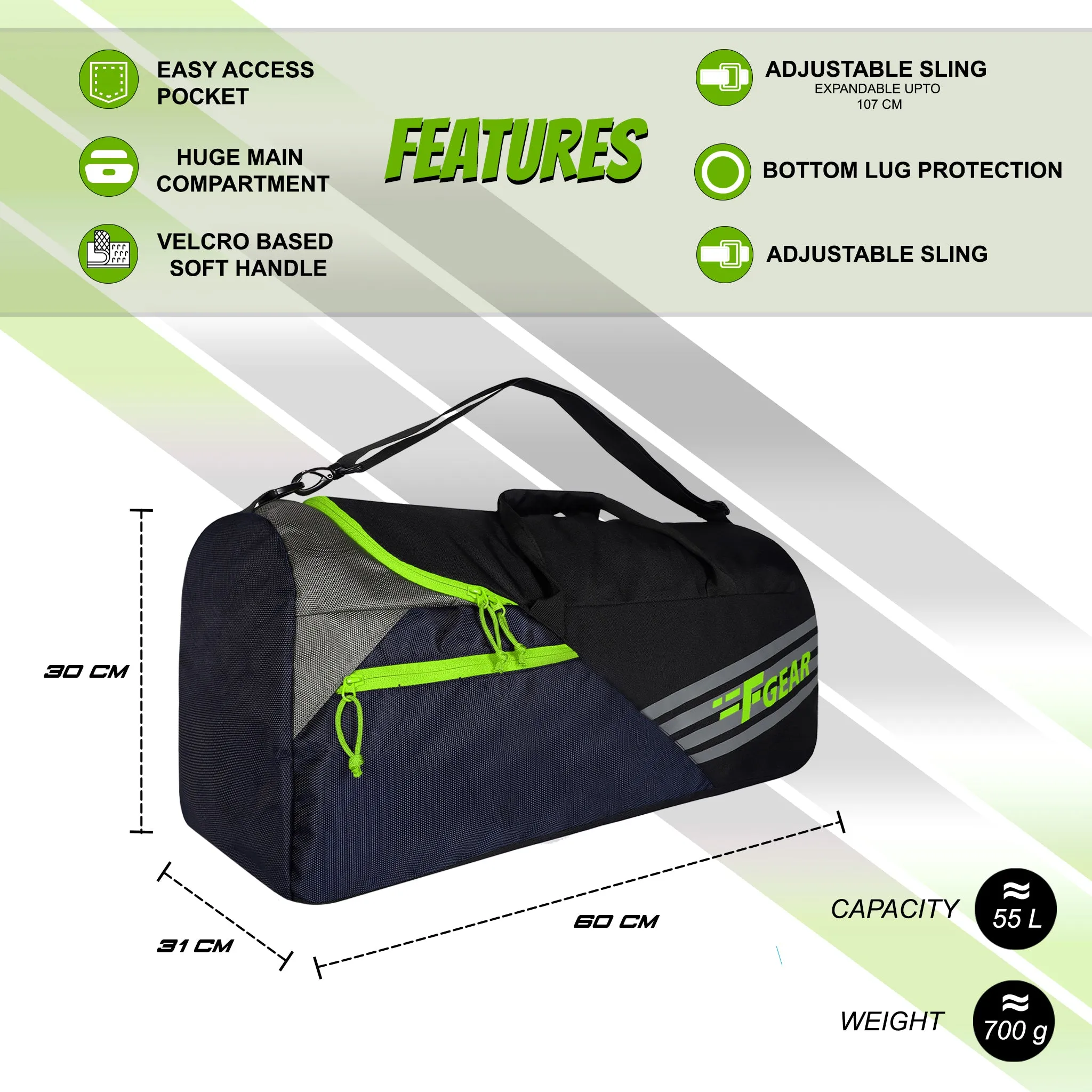 Explory V2 55L Blk Navy Green Duffel Travel Duffle