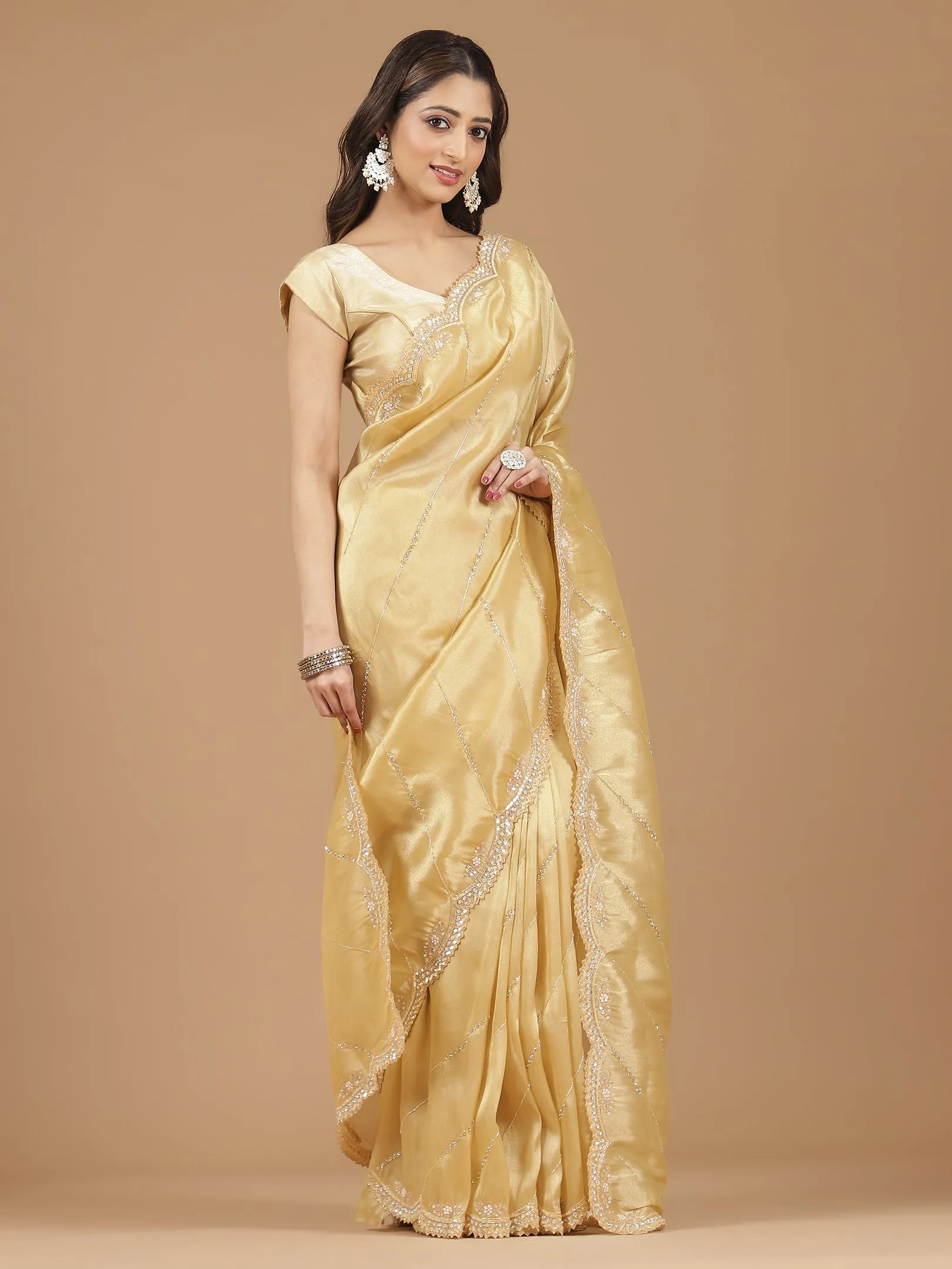 Luxe Golden Satin Silk Saree with Exquisite Embellishments