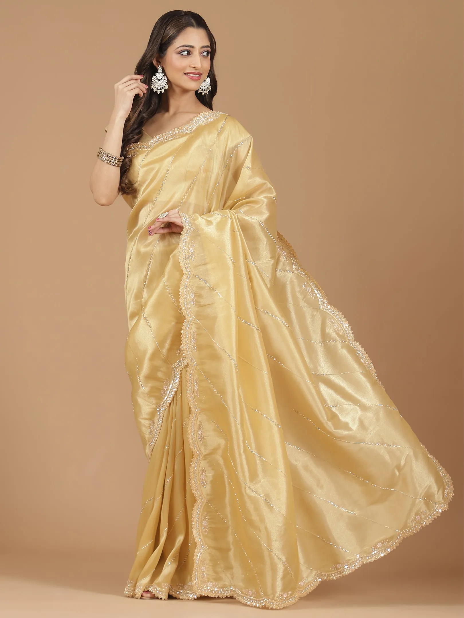 Luxe Golden Satin Silk Saree with Exquisite Embellishments