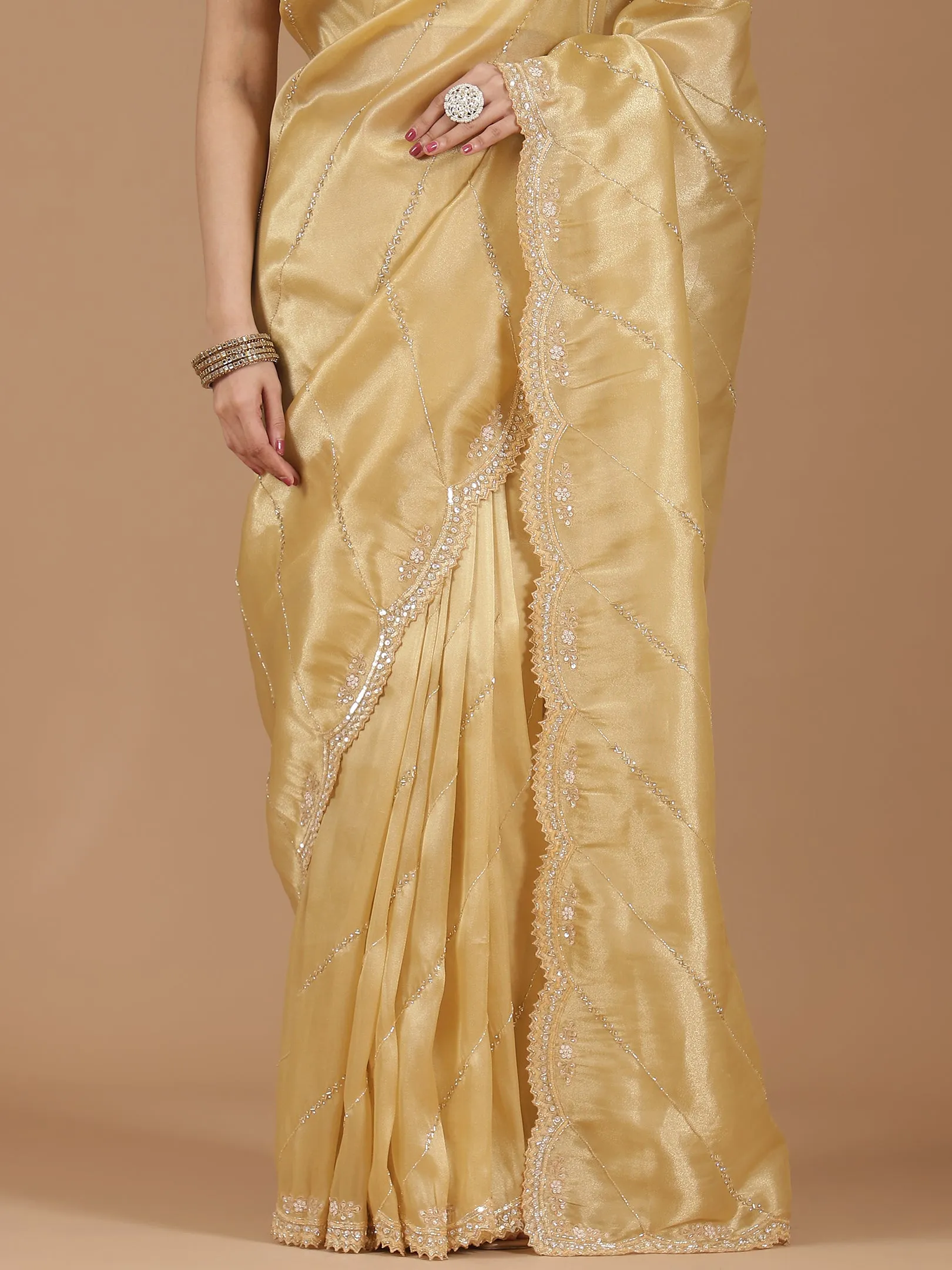 Luxe Golden Satin Silk Saree with Exquisite Embellishments